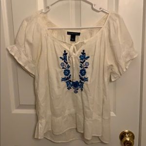 White Blouse with Embroidered Blue Flowers